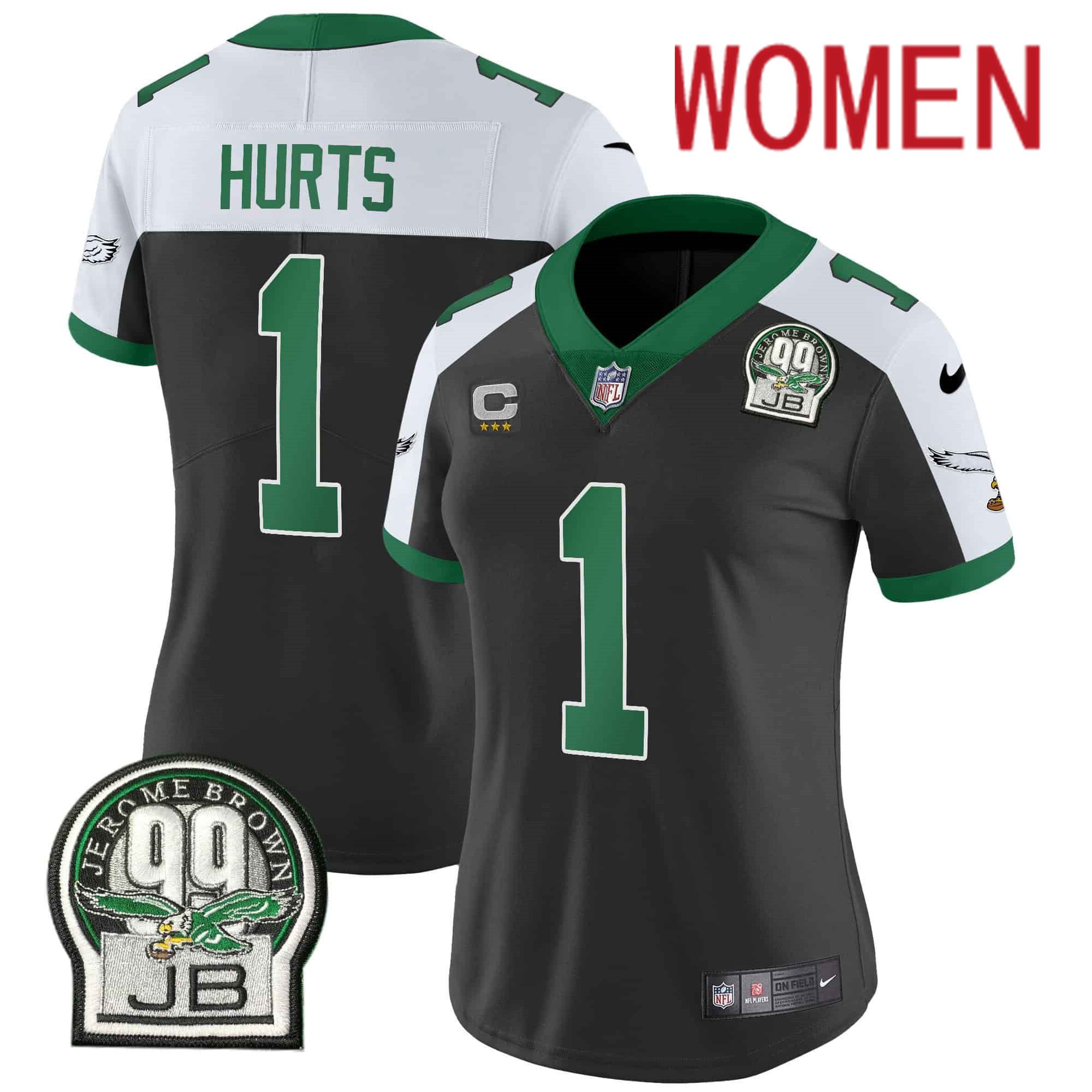 Women Philadelphia Eagles 1 Hurts Black 2024 Nike Jerome Brown Patch Alternate Limited NFL Jersey